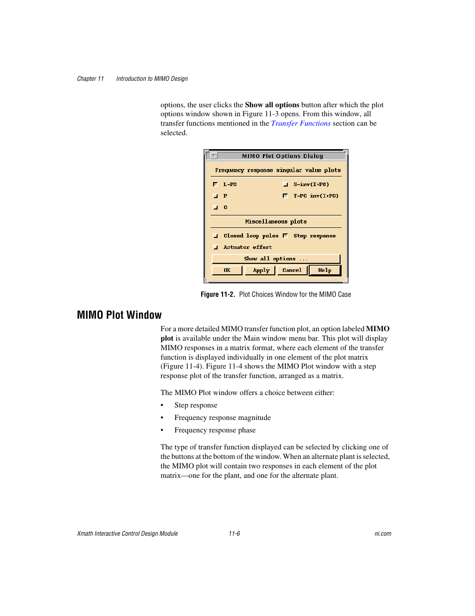 Figure 11-2. plot choices window for the mimo case, Mimo plot window, Mimo plot window -6 | National Instruments Xmath Interactive Control Design Module ICDM User Manual | Page 92 / 129