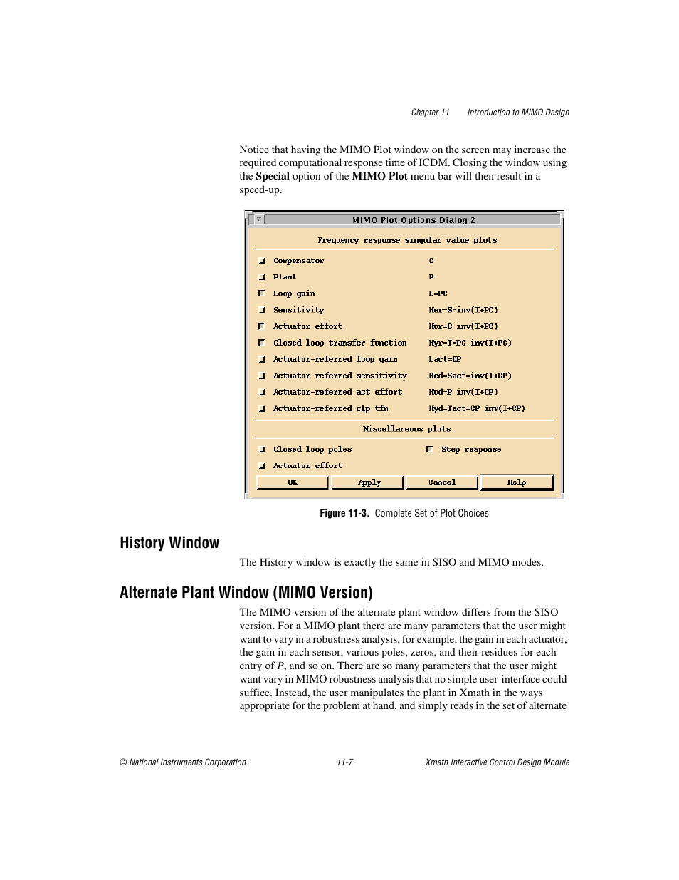 Figure 11-3. complete set of plot choices, History window, Alternate plant window (mimo version) | 3 open | National Instruments Xmath Interactive Control Design Module ICDM User Manual | Page 93 / 129