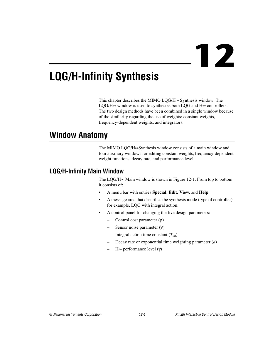 Chapter 12 lqg/h-infinity synthesis, Window anatomy, Lqg/h-infinity main window | Window anatomy -1, Lqg/h-infinity main window -1, Er 12, Lqg/h-infinity synthesis, R 12, Lqg/h-infinity, Synthesis | National Instruments Xmath Interactive Control Design Module ICDM User Manual | Page 95 / 129