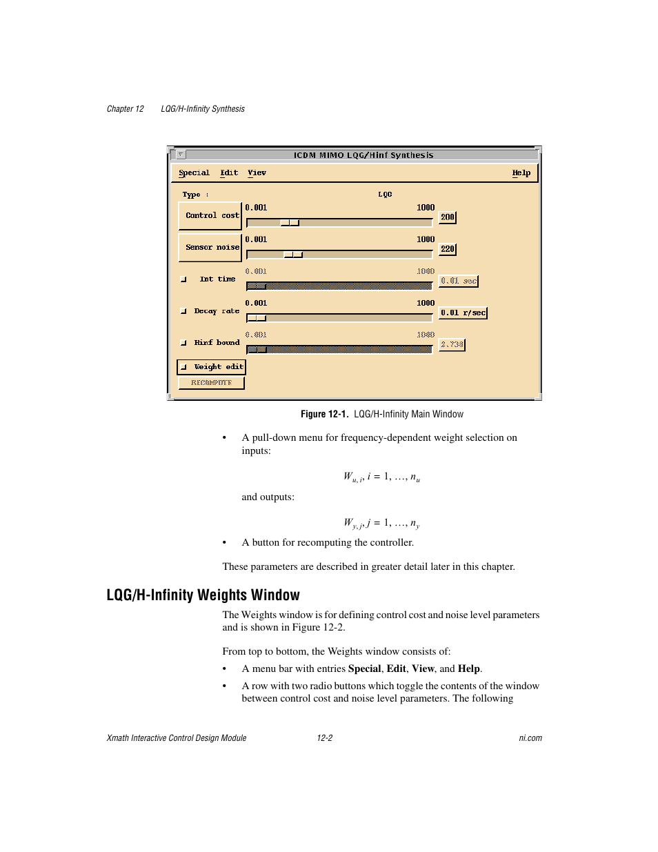 Figure 12-1. lqg/h-infinity main window, Lqg/h-infinity weights window, Lqg/h-infinity weights window -2 | National Instruments Xmath Interactive Control Design Module ICDM User Manual | Page 96 / 129
