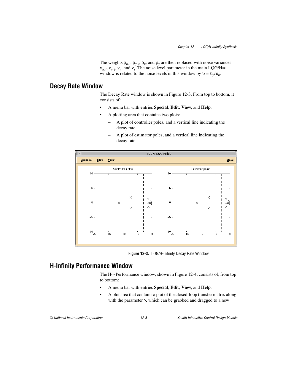 Decay rate window, Figure 12-3. lqg/h-infinity decay rate window, H-infinity performance window | National Instruments Xmath Interactive Control Design Module ICDM User Manual | Page 99 / 129