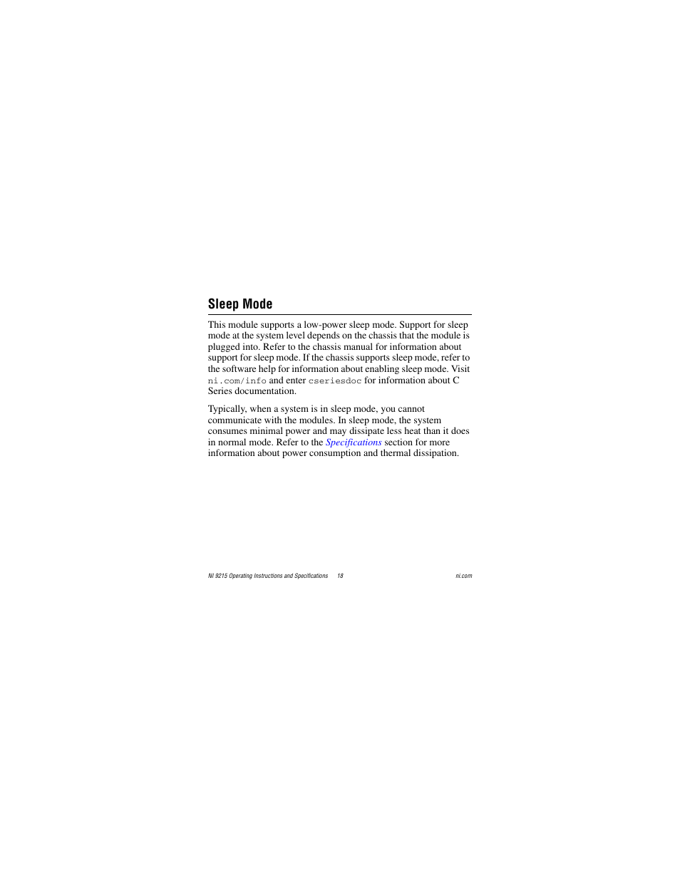 Sleep mode | National Instruments NI 9215 User Manual | Page 18 / 34