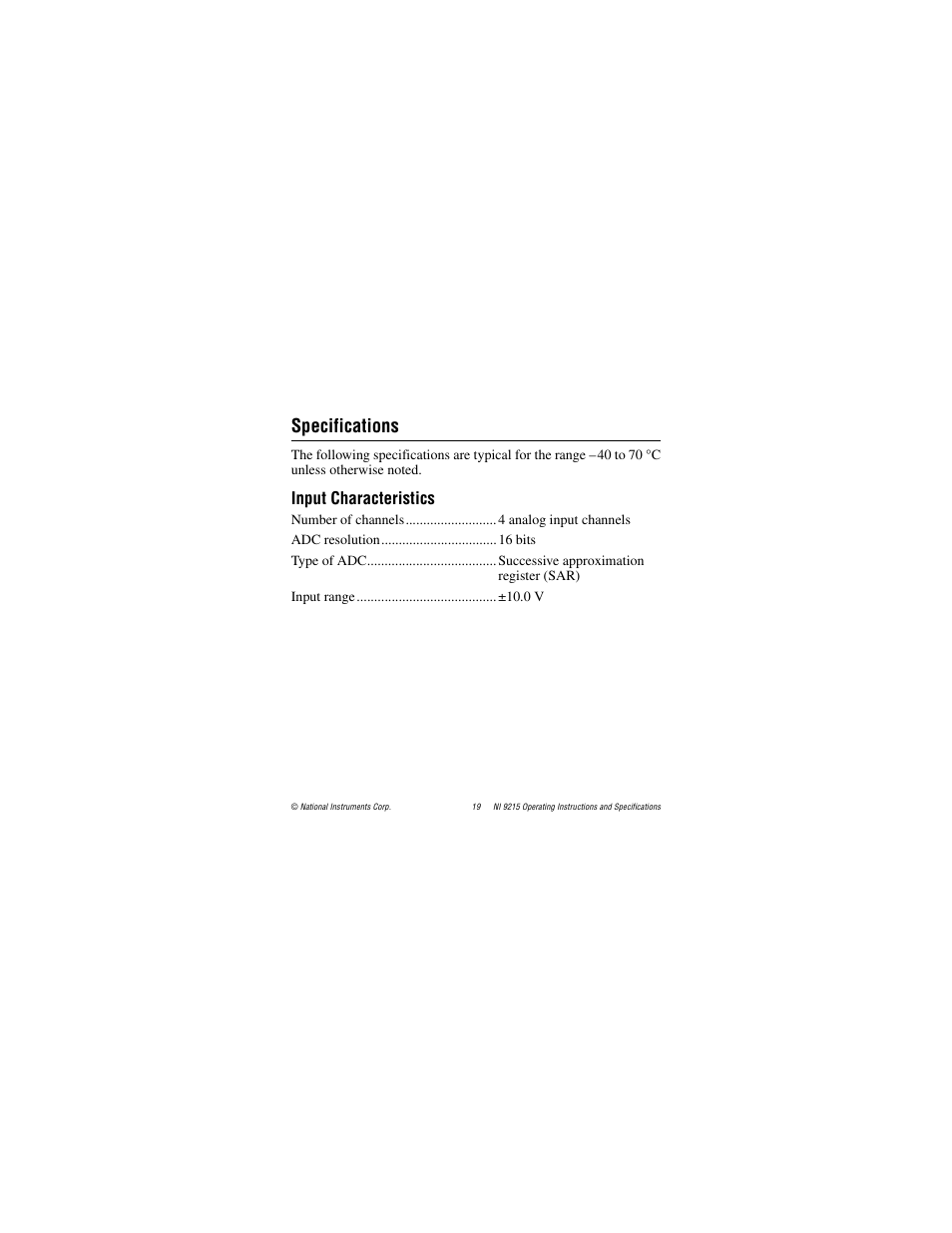 Specifications, Input characteristics, To the | Section. the incoming analog | National Instruments NI 9215 User Manual | Page 19 / 34