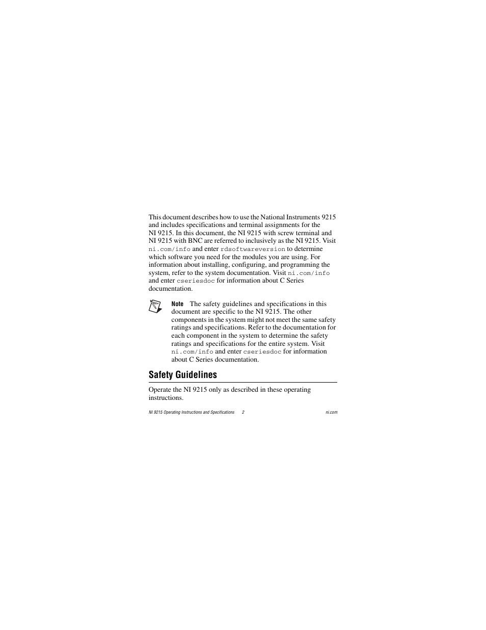 Safety guidelines | National Instruments NI 9215 User Manual | Page 2 / 34