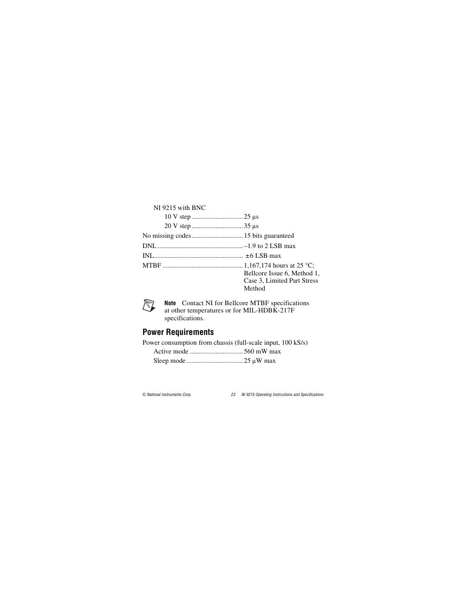 Power requirements | National Instruments NI 9215 User Manual | Page 23 / 34