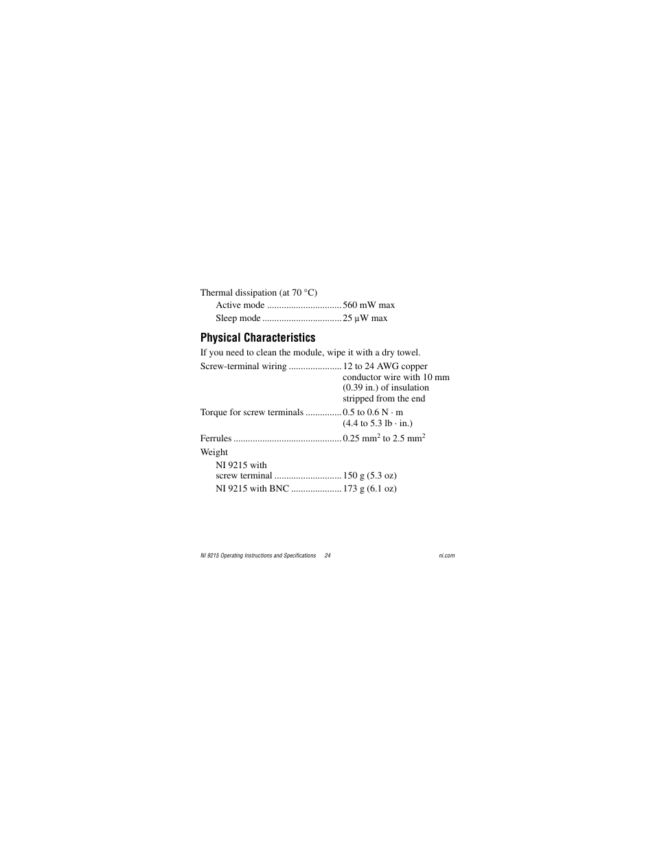 Physical characteristics | National Instruments NI 9215 User Manual | Page 24 / 34