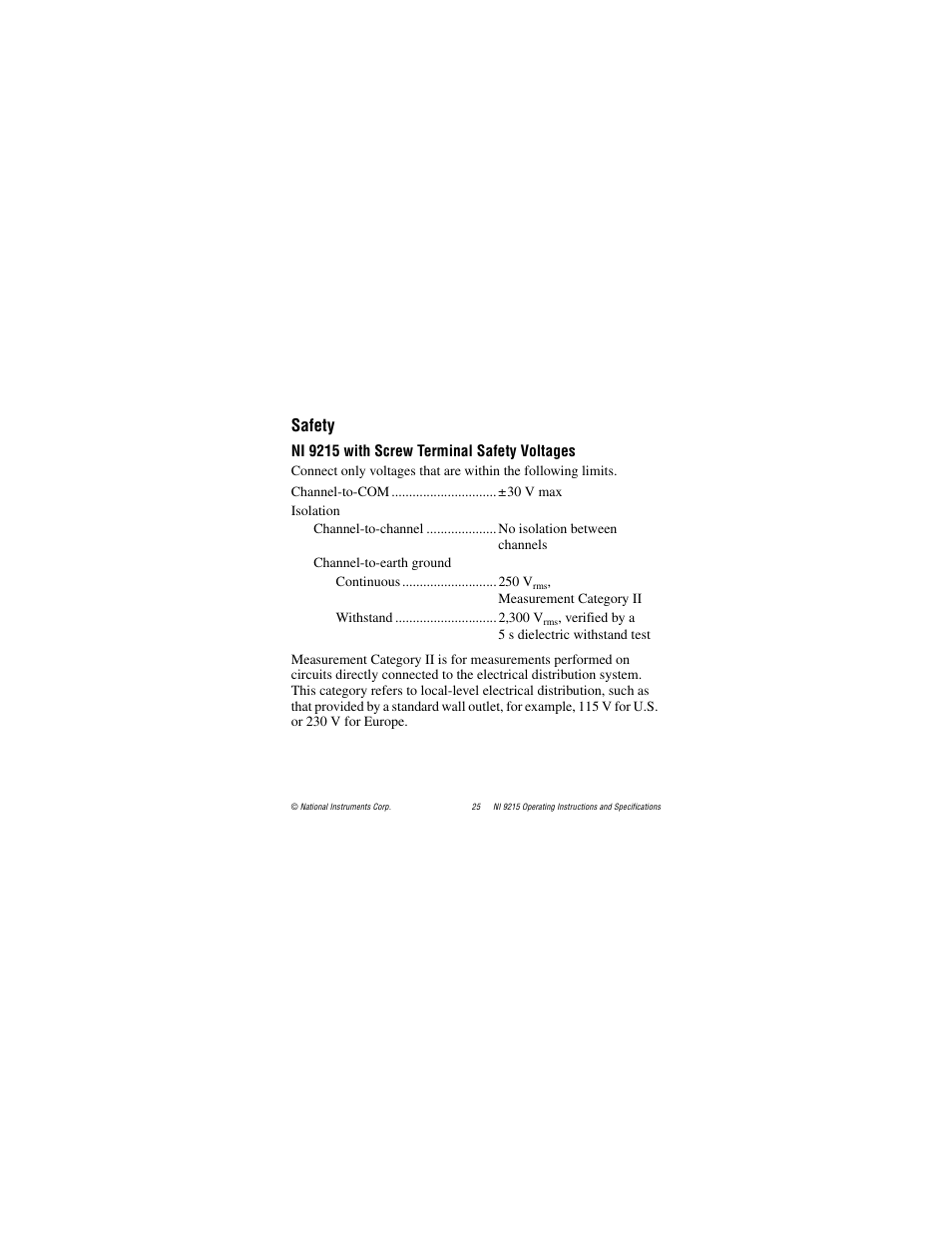 Safety, Ni 9215 with screw terminal safety voltages | National Instruments NI 9215 User Manual | Page 25 / 34