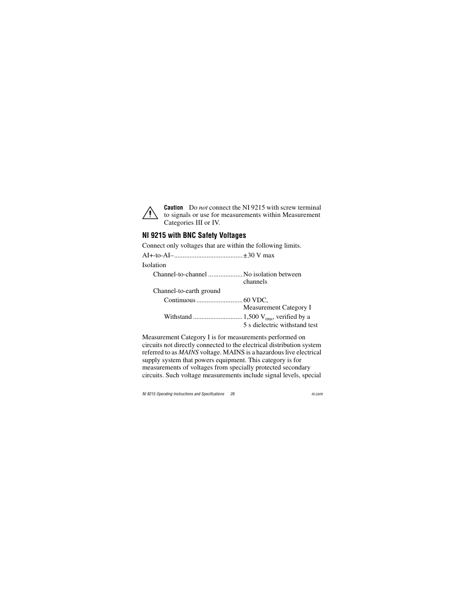 Ni 9215 with bnc safety voltages | National Instruments NI 9215 User Manual | Page 26 / 34
