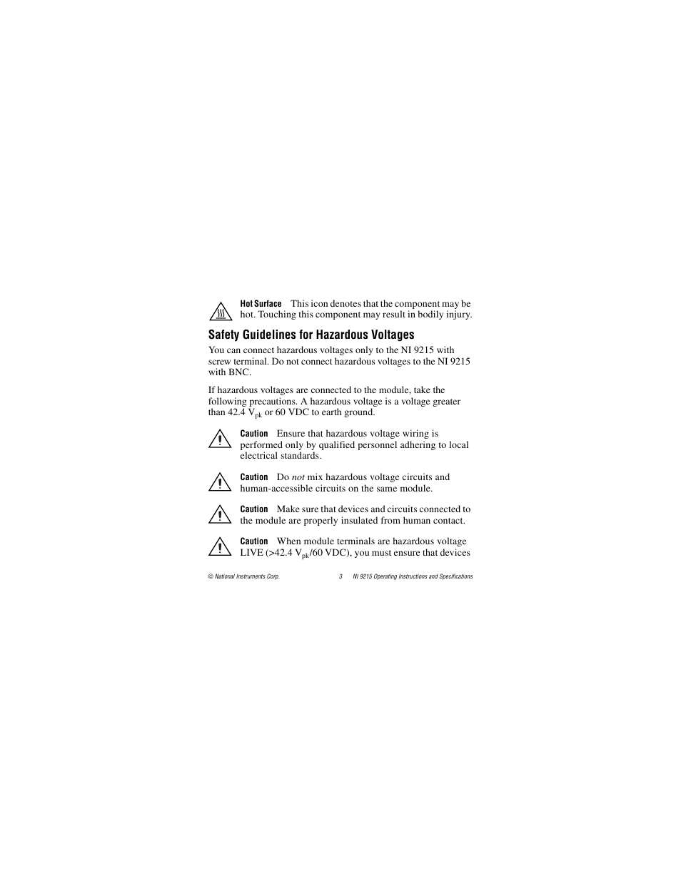 Safety guidelines for hazardous voltages | National Instruments NI 9215 User Manual | Page 3 / 34