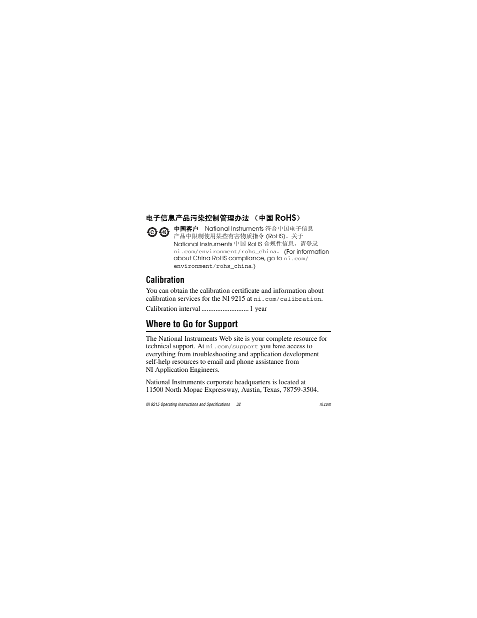 Calibration, Where to go for support, Rohs | National Instruments NI 9215 User Manual | Page 32 / 34