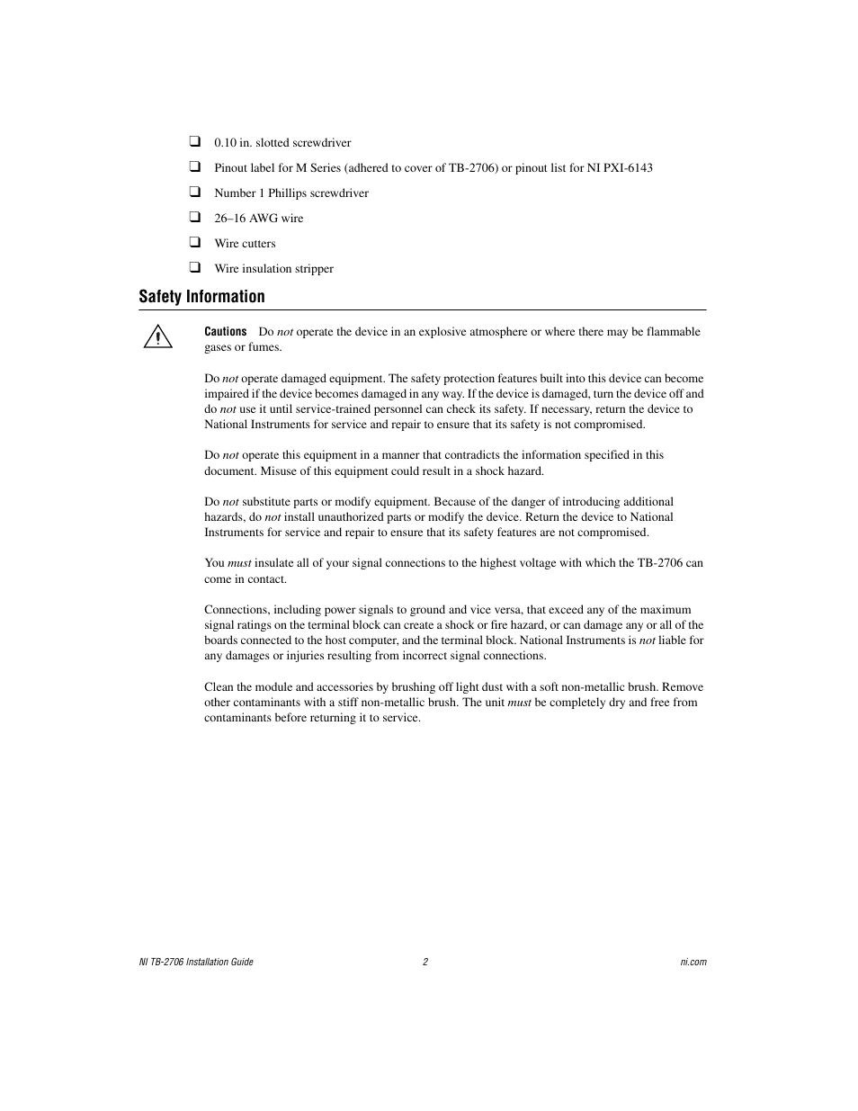 Safety information | National Instruments Terminal Block NI TB-2706 User Manual | Page 2 / 8