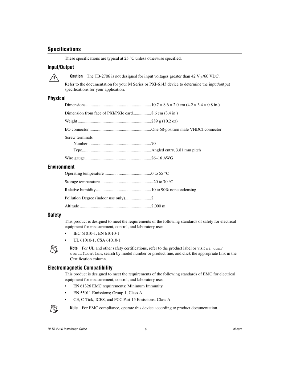 Specifications | National Instruments Terminal Block NI TB-2706 User Manual | Page 6 / 8