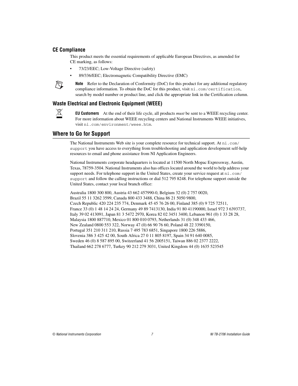 Where to go for support | National Instruments Terminal Block NI TB-2706 User Manual | Page 7 / 8