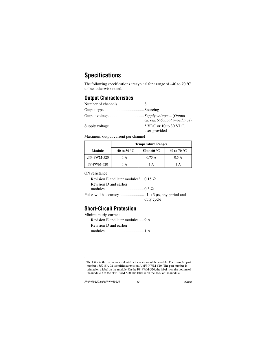 Specifications, Output characteristics, Short-circuit protection | National Instruments cFP-PWM-520 User Manual | Page 12 / 19