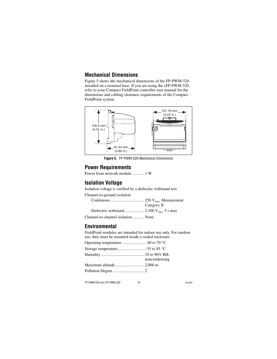 Mechanical dimensions, Figure 5. fp-pwm-520 mechanical dimensions, Power requirements | Isolation voltage, Environmental | National Instruments cFP-PWM-520 User Manual | Page 14 / 19