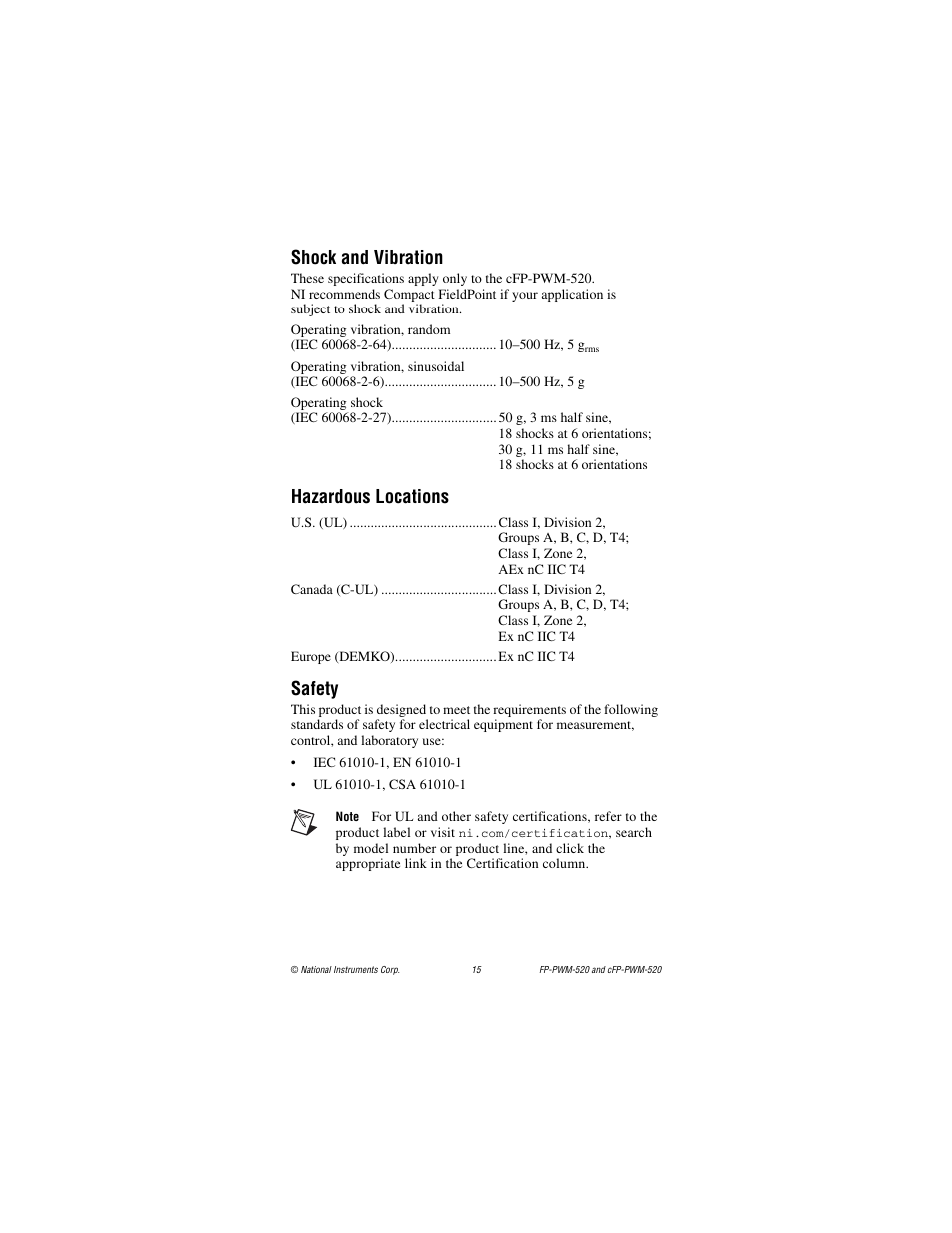 Shock and vibration, Hazardous locations, Safety | National Instruments cFP-PWM-520 User Manual | Page 15 / 19
