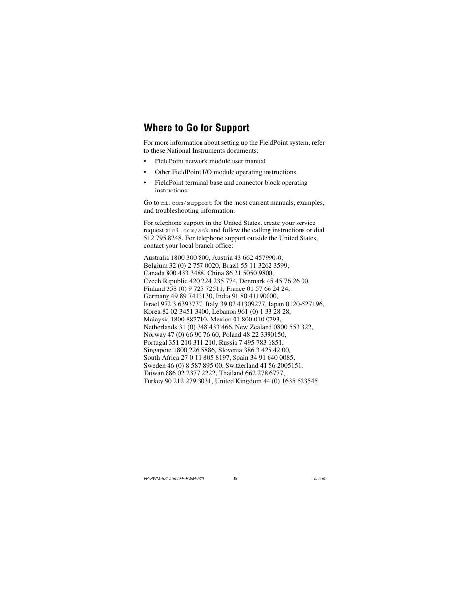 Where to go for support | National Instruments cFP-PWM-520 User Manual | Page 18 / 19