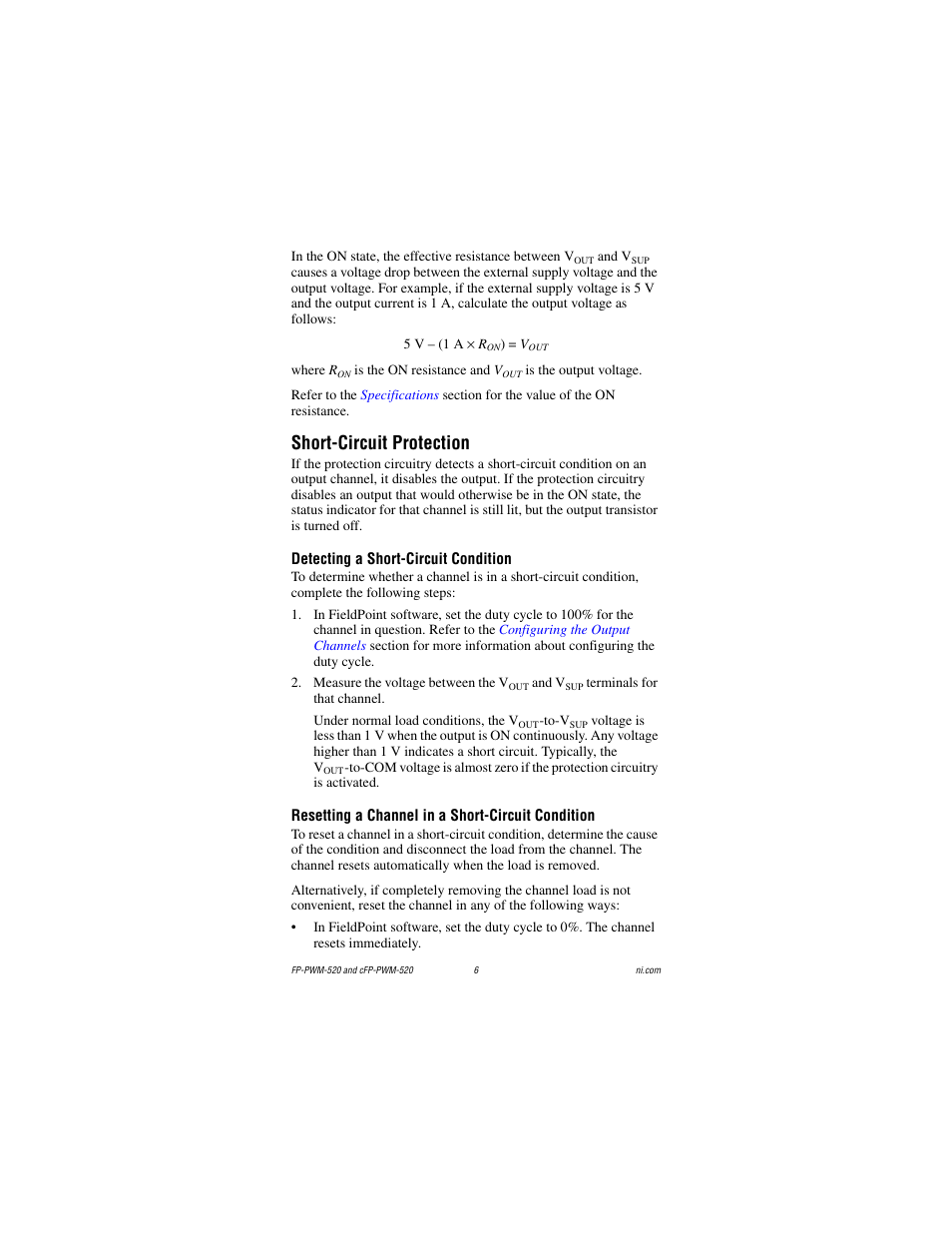 Short-circuit protection, Detecting a short-circuit condition, Resetting a channel in a short-circuit condition | National Instruments cFP-PWM-520 User Manual | Page 6 / 19