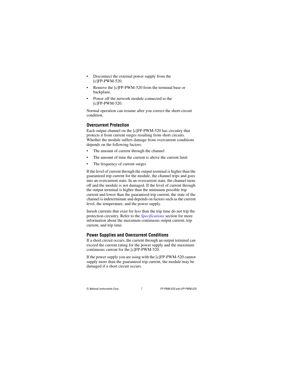 Overcurrent protection, Power supplies and overcurrent conditions | National Instruments cFP-PWM-520 User Manual | Page 7 / 19