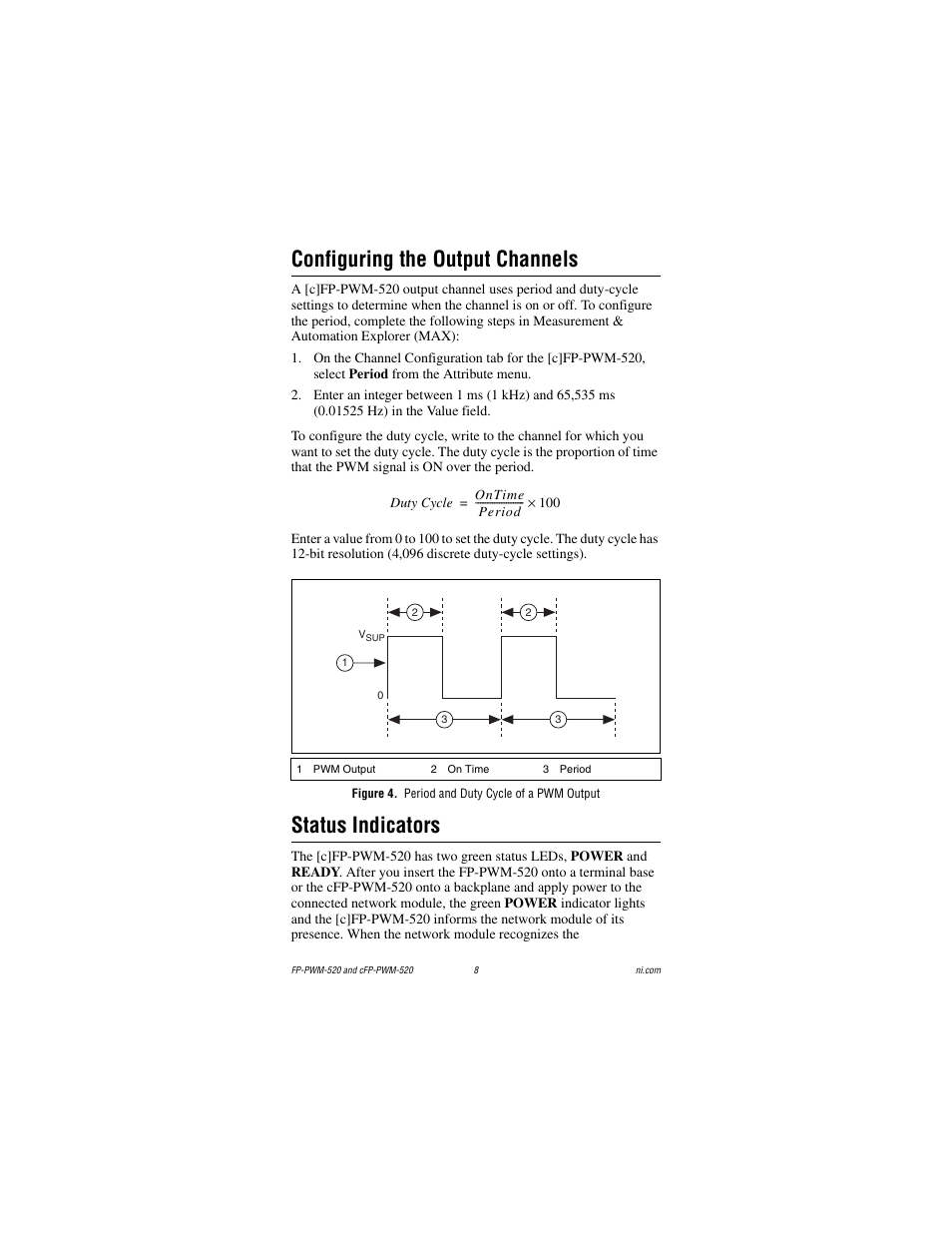 Configuring the output channels, Figure 4. period and duty cycle of a pwm output, Status indicators | Question. refer to the, Configuring the output, Channels | National Instruments cFP-PWM-520 User Manual | Page 8 / 19