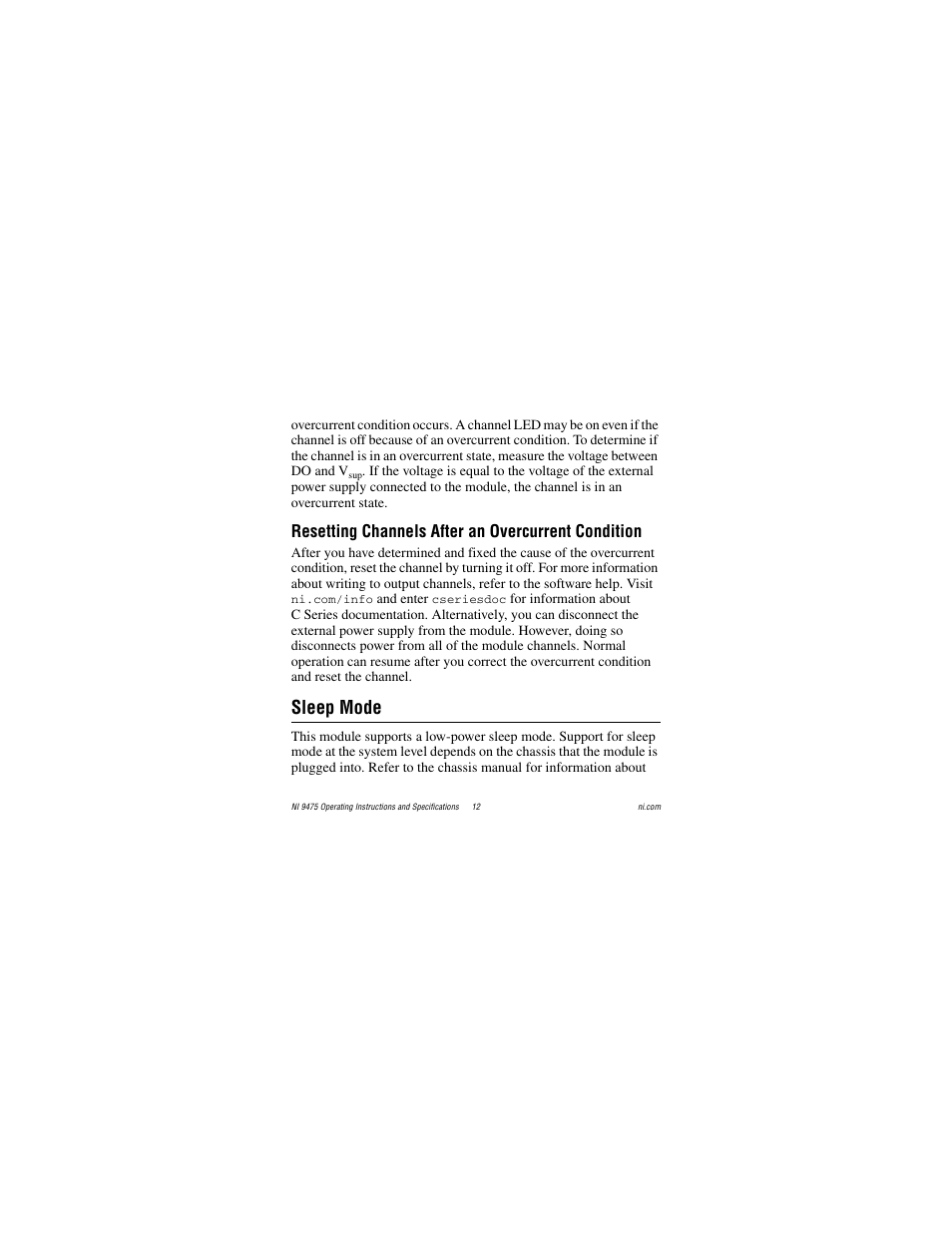 Resetting channels after an overcurrent condition, Sleep mode | National Instruments NI 9475 User Manual | Page 12 / 24