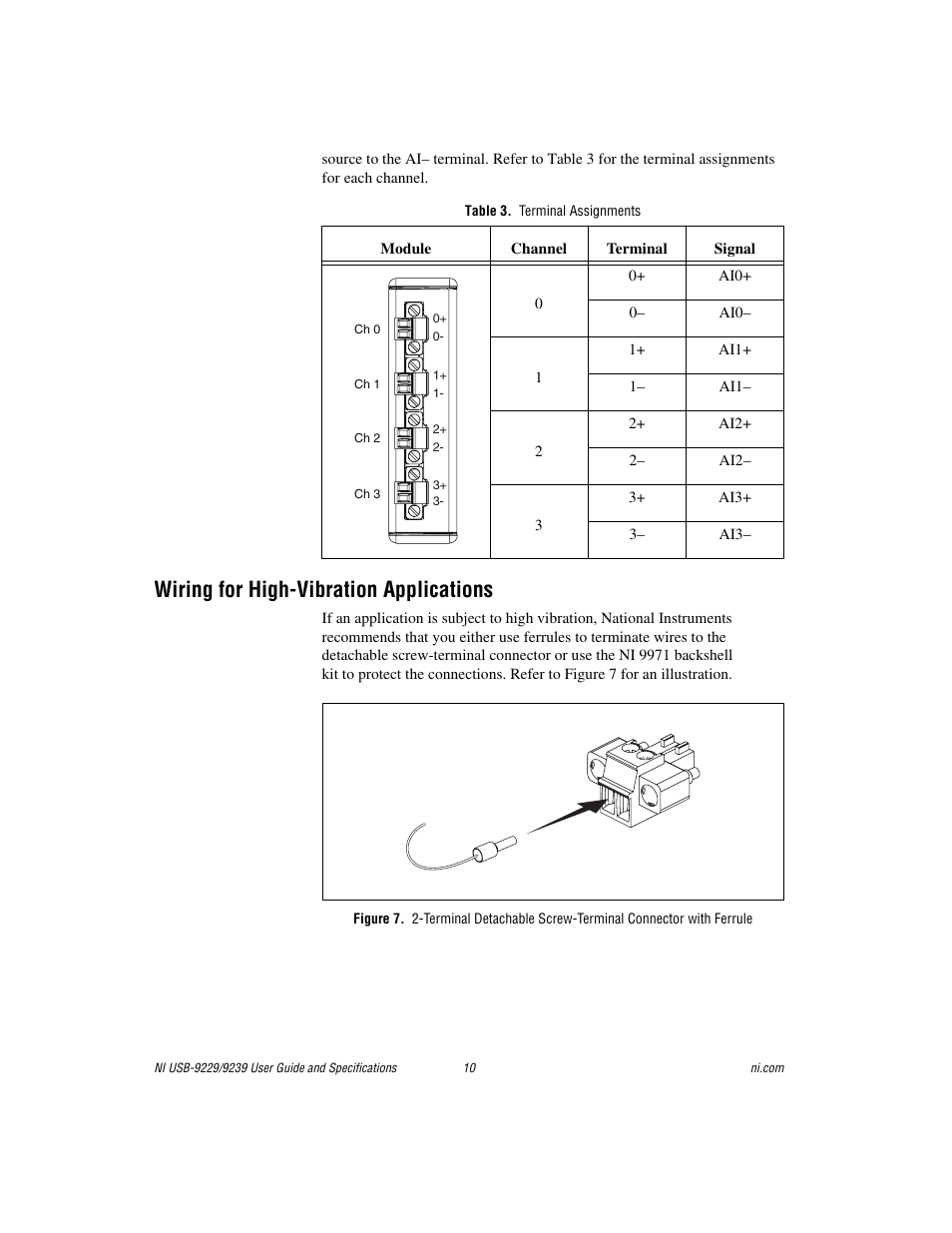 Table 3. terminal assignments, Wiring for high-vibration applications | National Instruments NI USB-9229 User Manual | Page 10 / 20