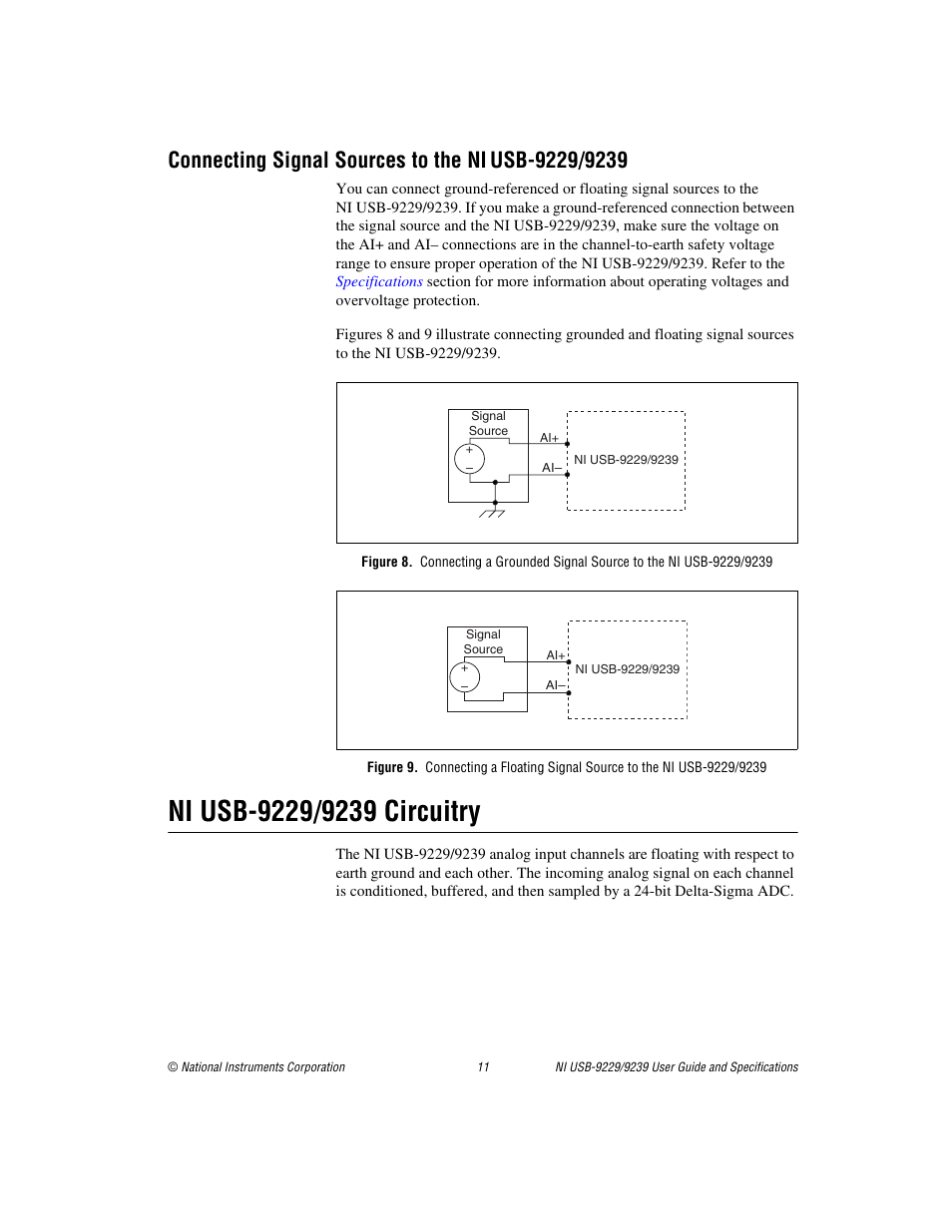 Connecting signal sources to the ni usb-9229/9239, Ni usb-9229/9239 circuitry | National Instruments NI USB-9229 User Manual | Page 11 / 20