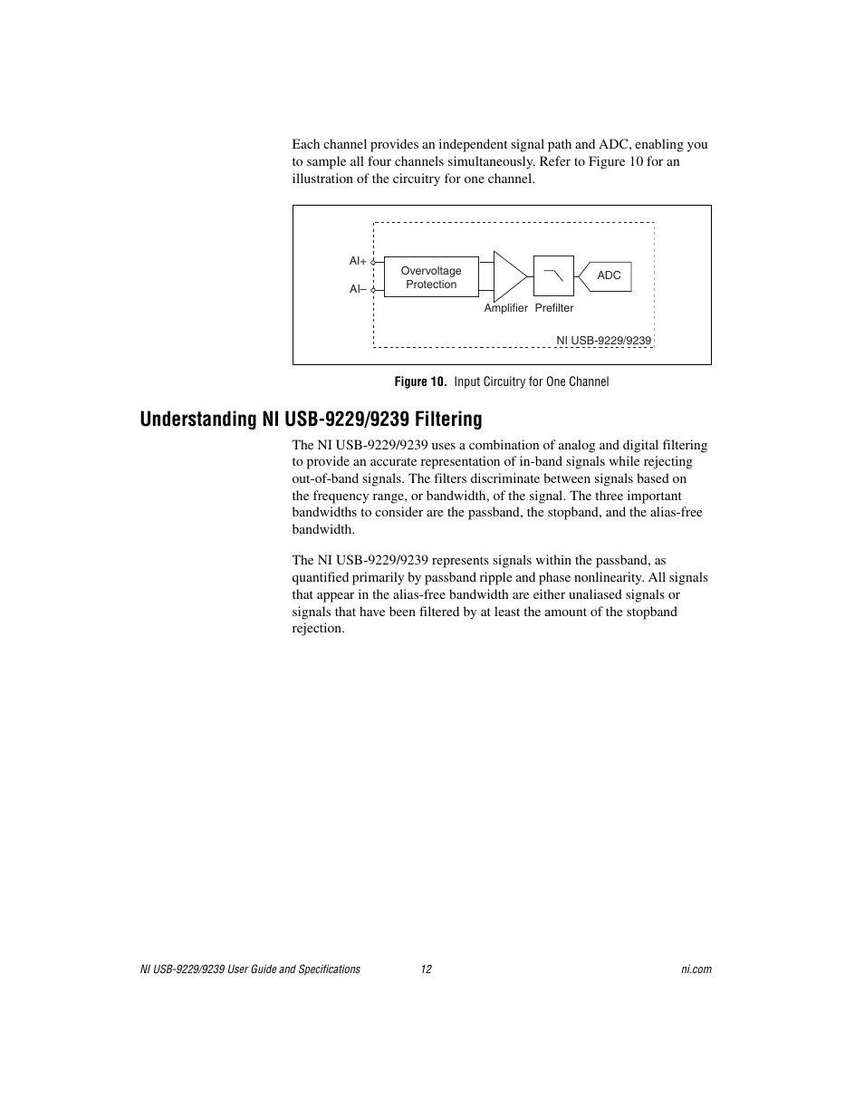 Figure 10. input circuitry for one channel, Understanding ni usb-9229/9239 filtering | National Instruments NI USB-9229 User Manual | Page 12 / 20