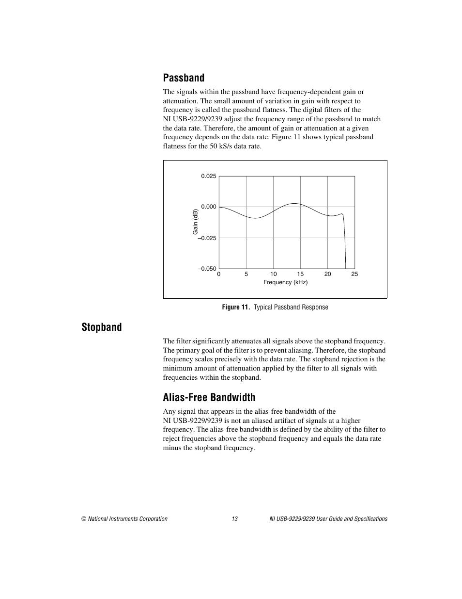 Passband, Figure 11. typical passband response, Stopband | Alias-free bandwidth | National Instruments NI USB-9229 User Manual | Page 13 / 20