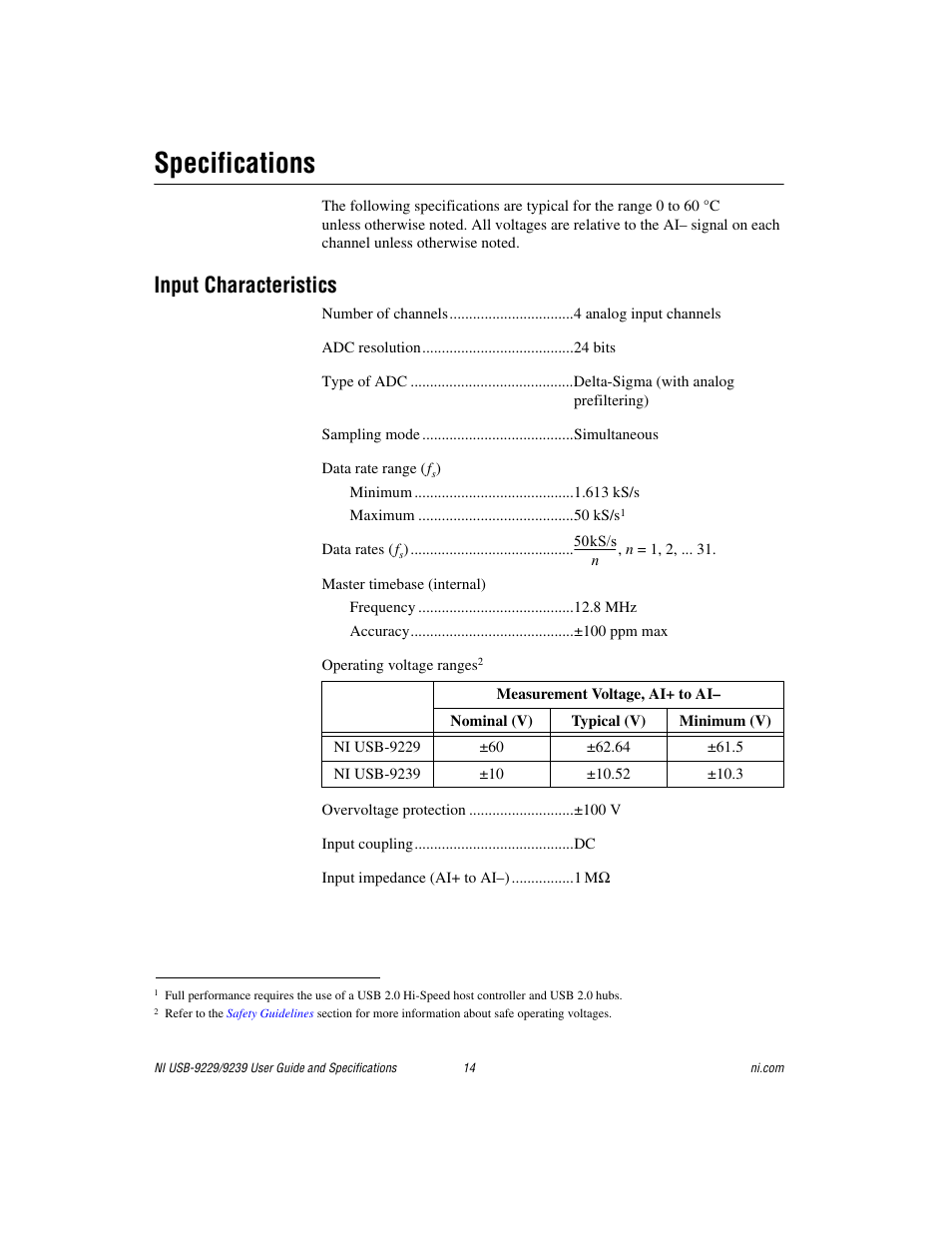 Specifications, Input characteristics, Sectio | National Instruments NI USB-9229 User Manual | Page 14 / 20