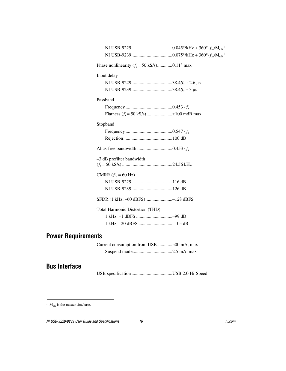 Power requirements, Bus interface | National Instruments NI USB-9229 User Manual | Page 16 / 20