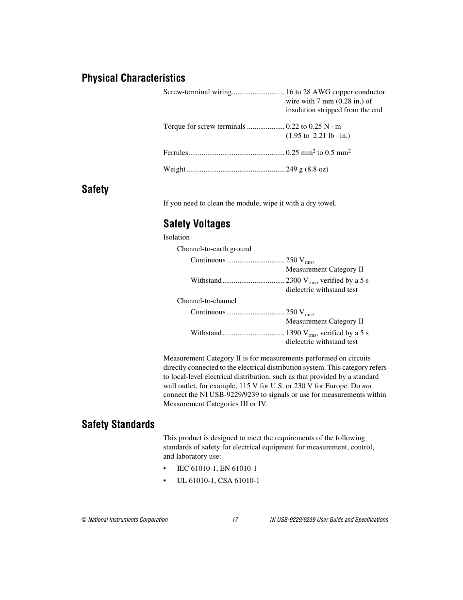 Physical characteristics, Safety, Safety voltages | Safety standards | National Instruments NI USB-9229 User Manual | Page 17 / 20