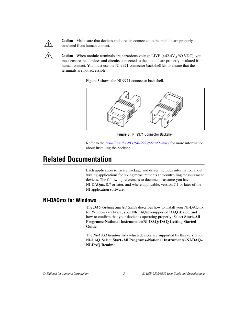 Figure 3. ni 9971 connector backshell, Related documentation, Ni-daqmx for windows | National Instruments NI USB-9229 User Manual | Page 3 / 20