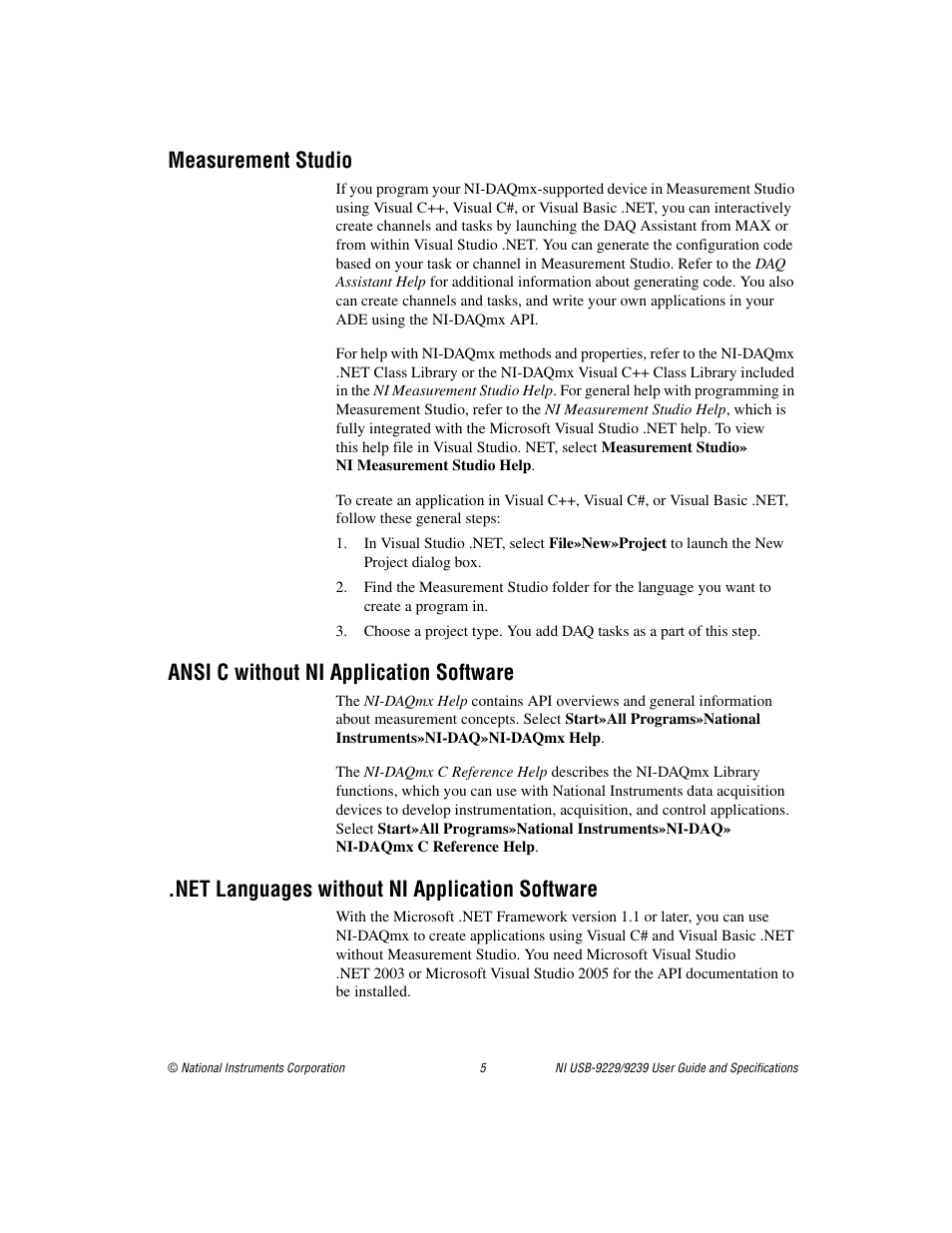 Measurement studio, Ansi c without ni application software, Net languages without ni application software | National Instruments NI USB-9229 User Manual | Page 5 / 20
