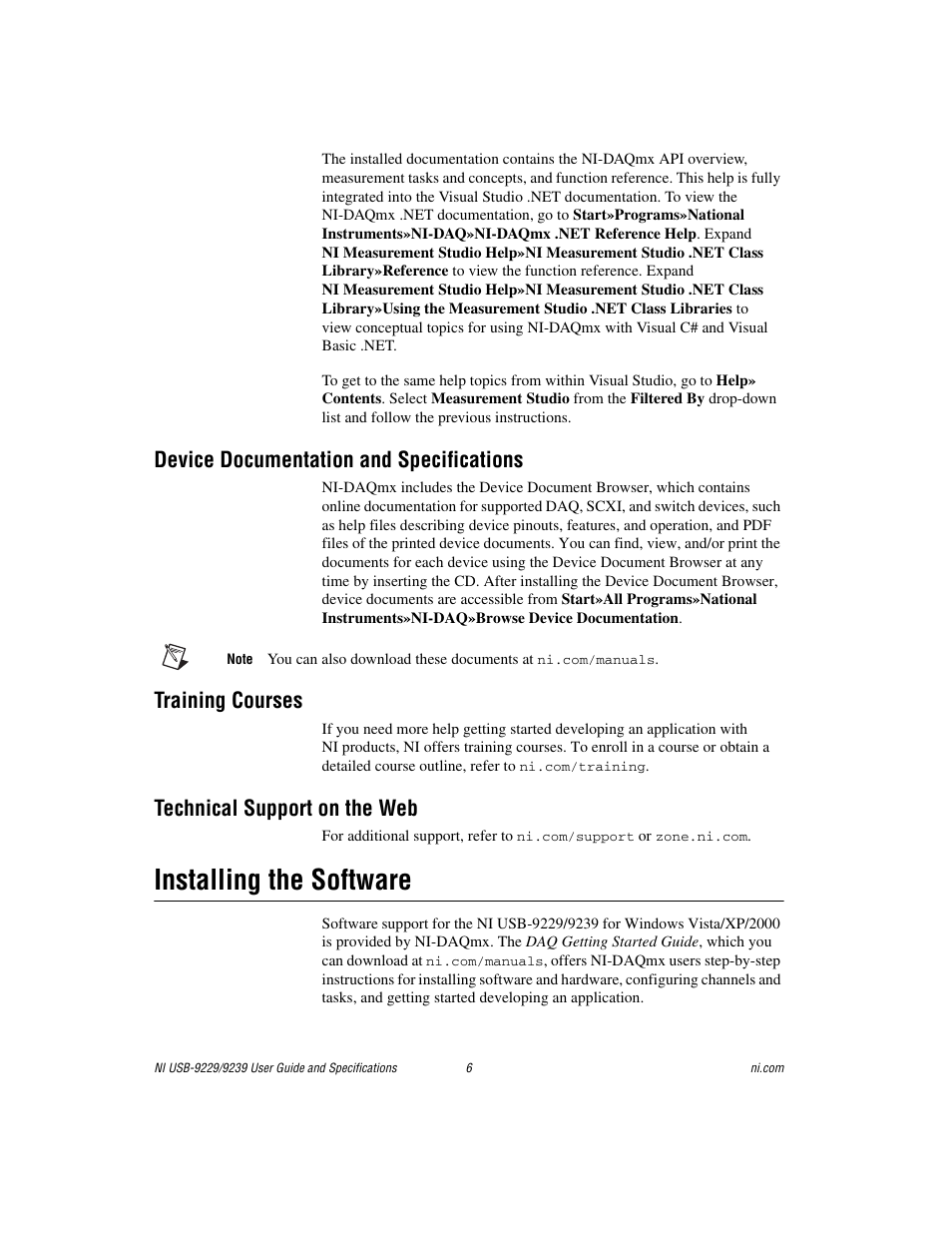 Device documentation and specifications, Training courses, Technical support on the web | Installing the software | National Instruments NI USB-9229 User Manual | Page 6 / 20