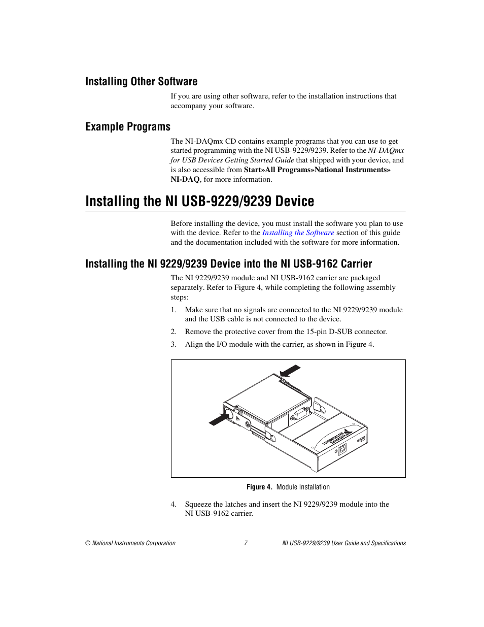 Installing other software, Example programs, Installing the ni usb-9229/9239 device | Figure 4. module installation | National Instruments NI USB-9229 User Manual | Page 7 / 20