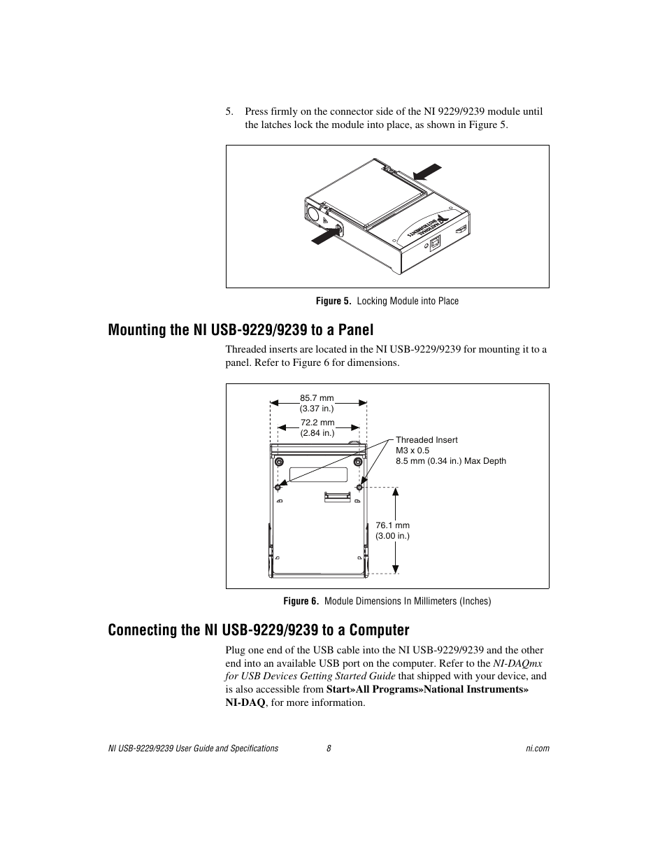 Figure 5. locking module into place, Mounting the ni usb-9229/9239 to a panel, Connecting the ni usb-9229/9239 to a computer | National Instruments NI USB-9229 User Manual | Page 8 / 20