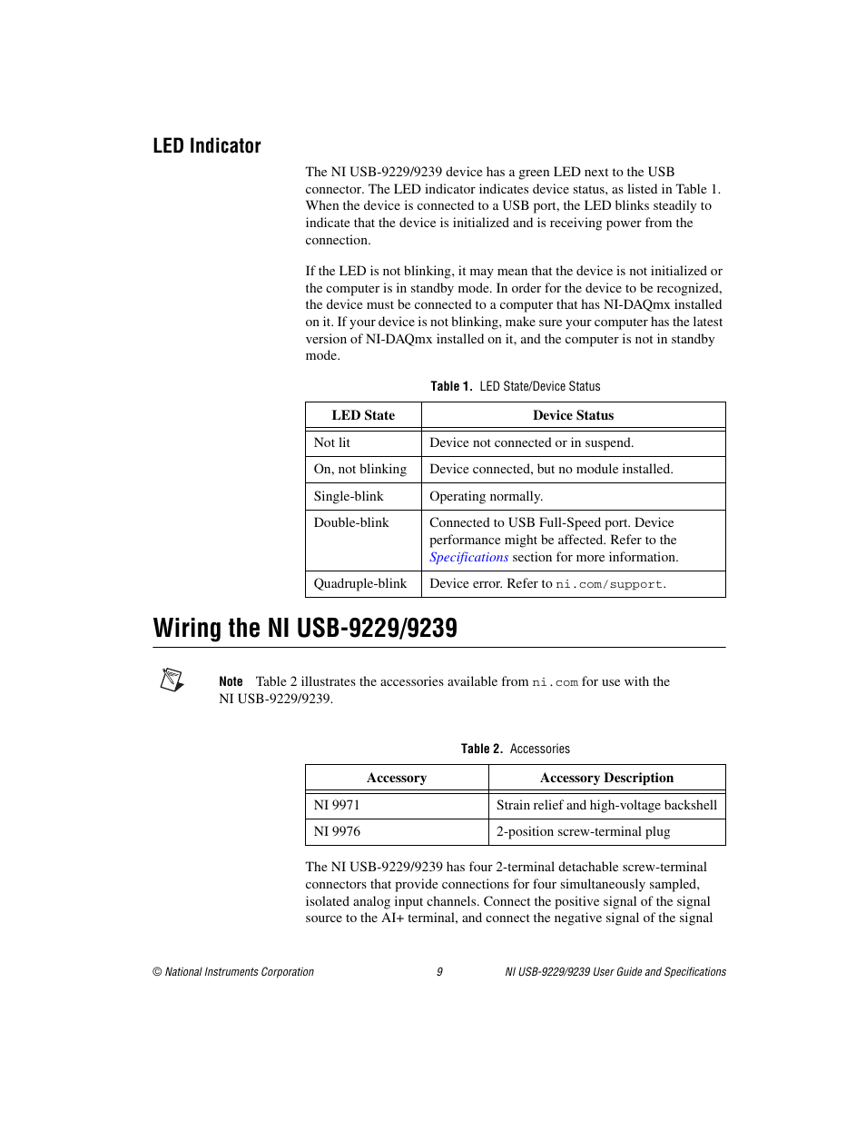 Led indicator, Table 1. led state/device status, Wiring the ni usb-9229/9239 | Table 2. accessories | National Instruments NI USB-9229 User Manual | Page 9 / 20
