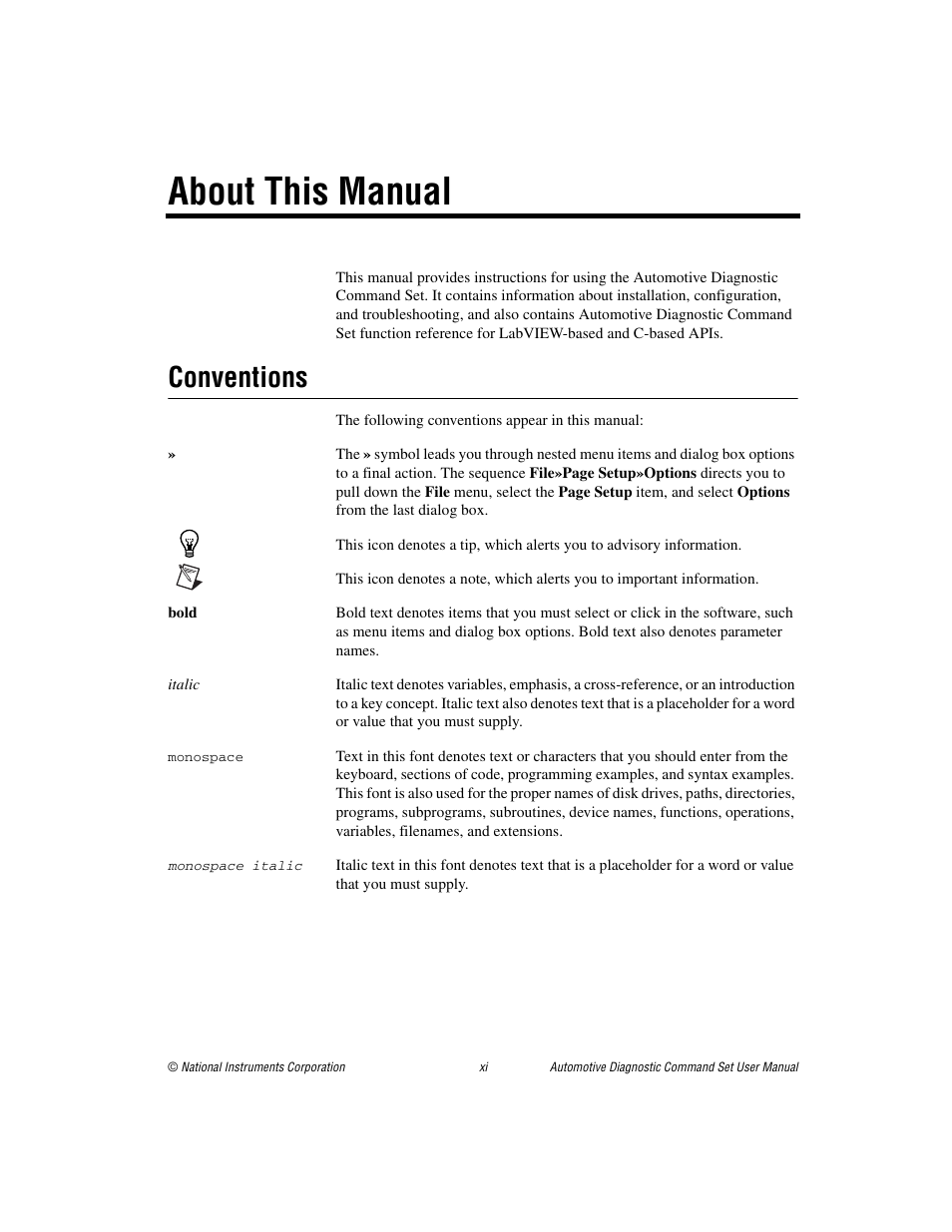 About this manual, Conventions | National Instruments CAN 372139B-01 User Manual | Page 10 / 301