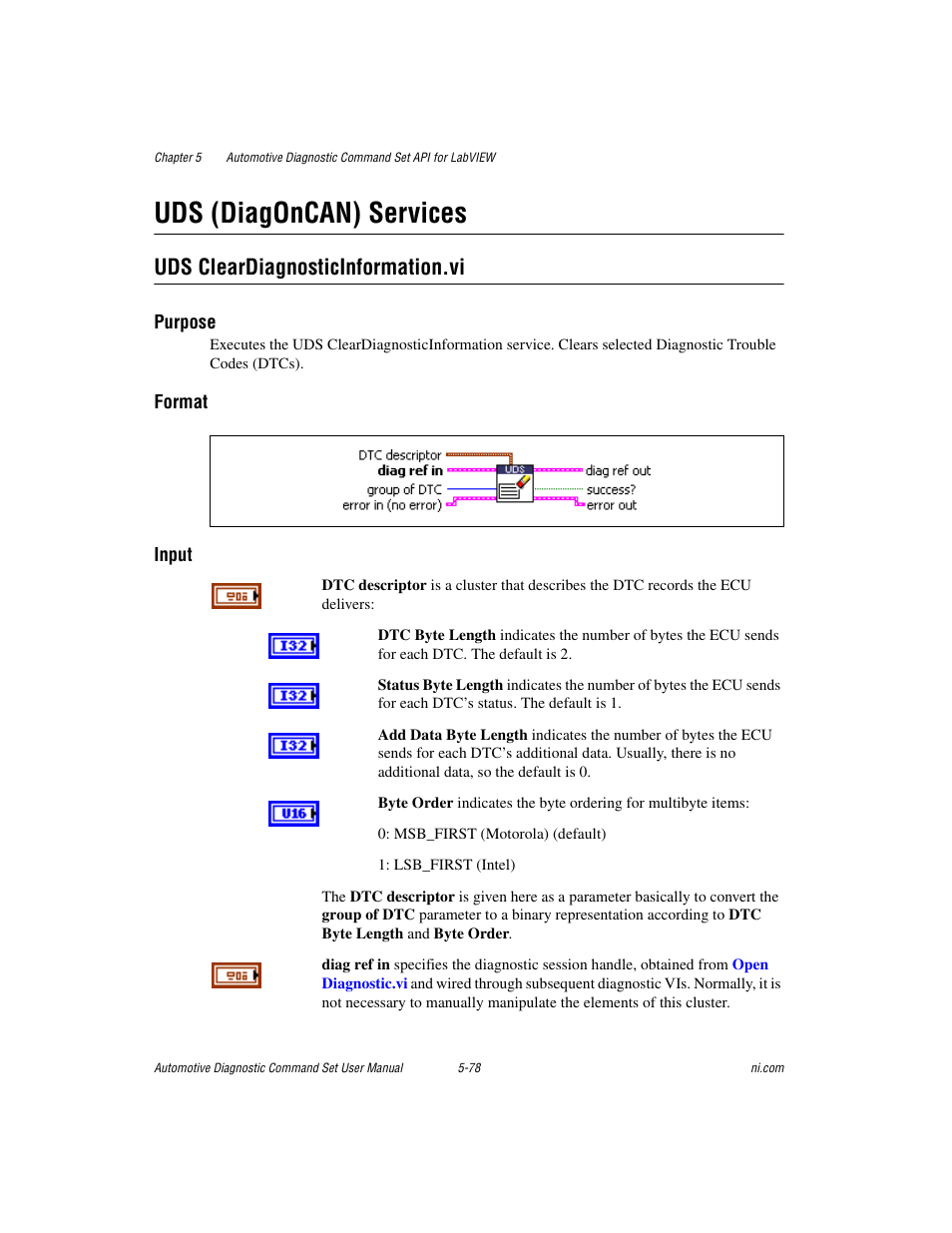 Uds (diagoncan) services, Uds cleardiagnosticinformation.vi, Uds (diagoncan) services -78 | Uds cleardiagnosticinformation.vi -78 | National Instruments CAN 372139B-01 User Manual | Page 104 / 301