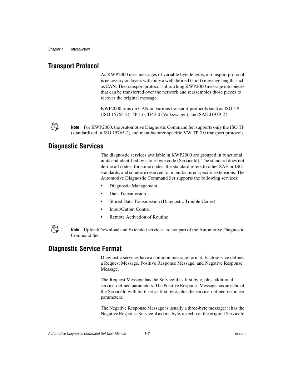 Transport protocol, Diagnostic services, Diagnostic service format | National Instruments CAN 372139B-01 User Manual | Page 13 / 301