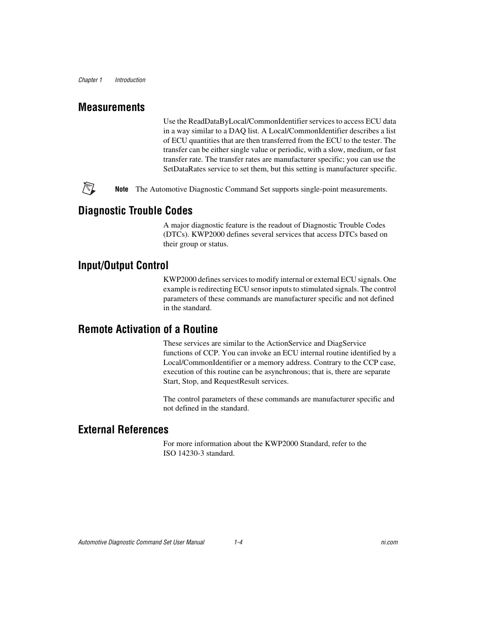 Measurements, Diagnostic trouble codes, Input/output control | Remote activation of a routine, External references | National Instruments CAN 372139B-01 User Manual | Page 15 / 301