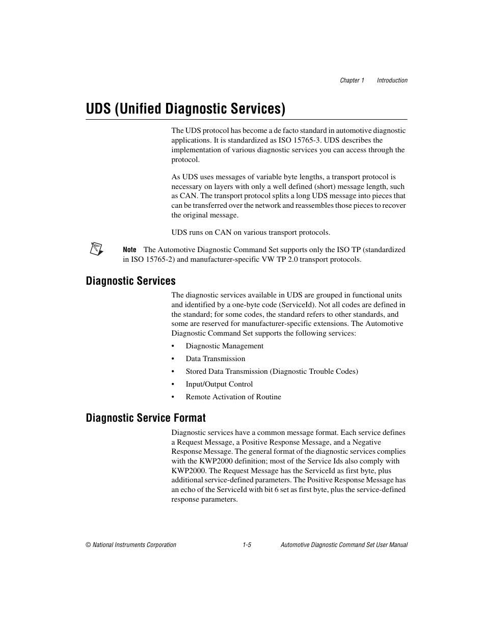 Uds (unified diagnostic services), Diagnostic services, Diagnostic service format | Uds (unified diagnostic services) -5 | National Instruments CAN 372139B-01 User Manual | Page 16 / 301