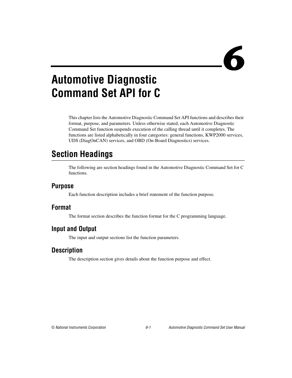 Section headings, Purpose, Format | Input and output, Description, Section headings -1, Automotive diagnostic command set, Api for c, Automotive diagnostic command set api for c | National Instruments CAN 372139B-01 User Manual | Page 165 / 301