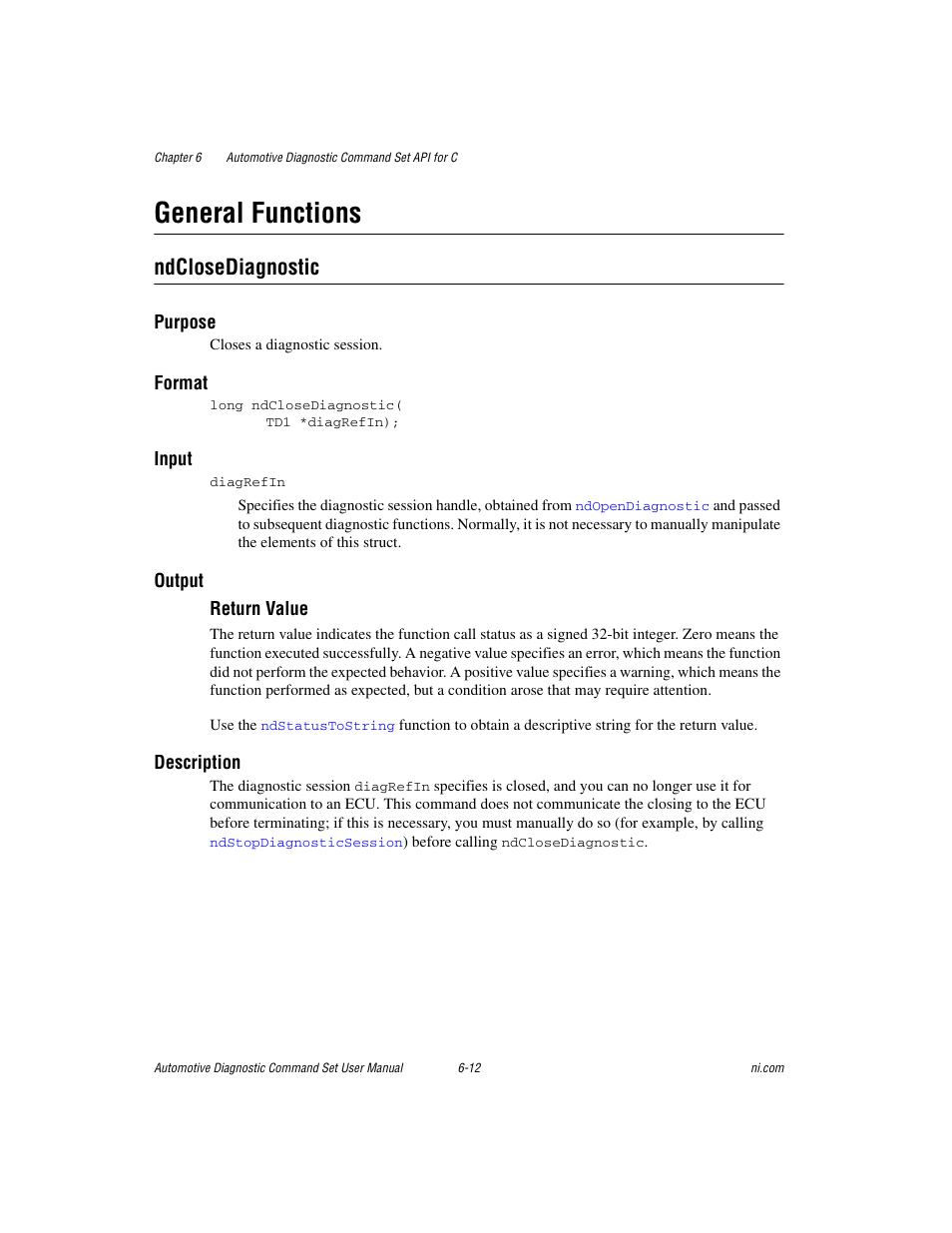 General functions, Ndclosediagnostic, General functions -12 | Ndclosediagnostic -12 | National Instruments CAN 372139B-01 User Manual | Page 176 / 301