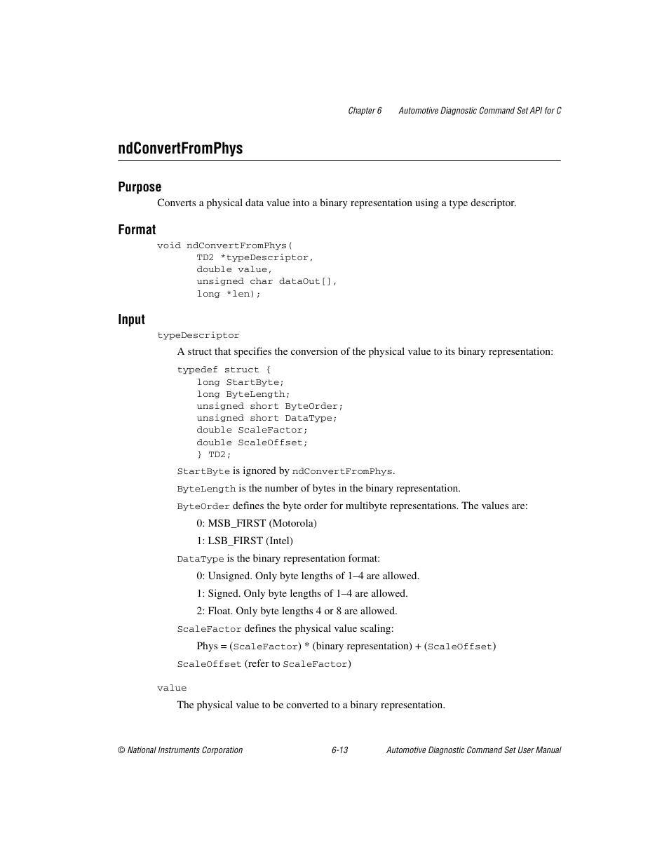Ndconvertfromphys, Ndconvertfromphys -13, Purpose | Format, Input | National Instruments CAN 372139B-01 User Manual | Page 177 / 301