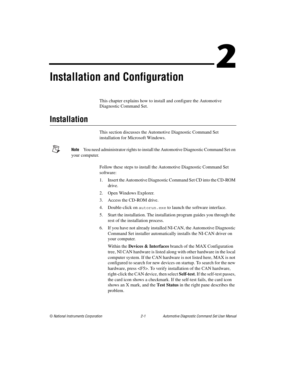 Chapter 2 installation and configuration, Installation, Installation -1 | Installation and configuration | National Instruments CAN 372139B-01 User Manual | Page 18 / 301