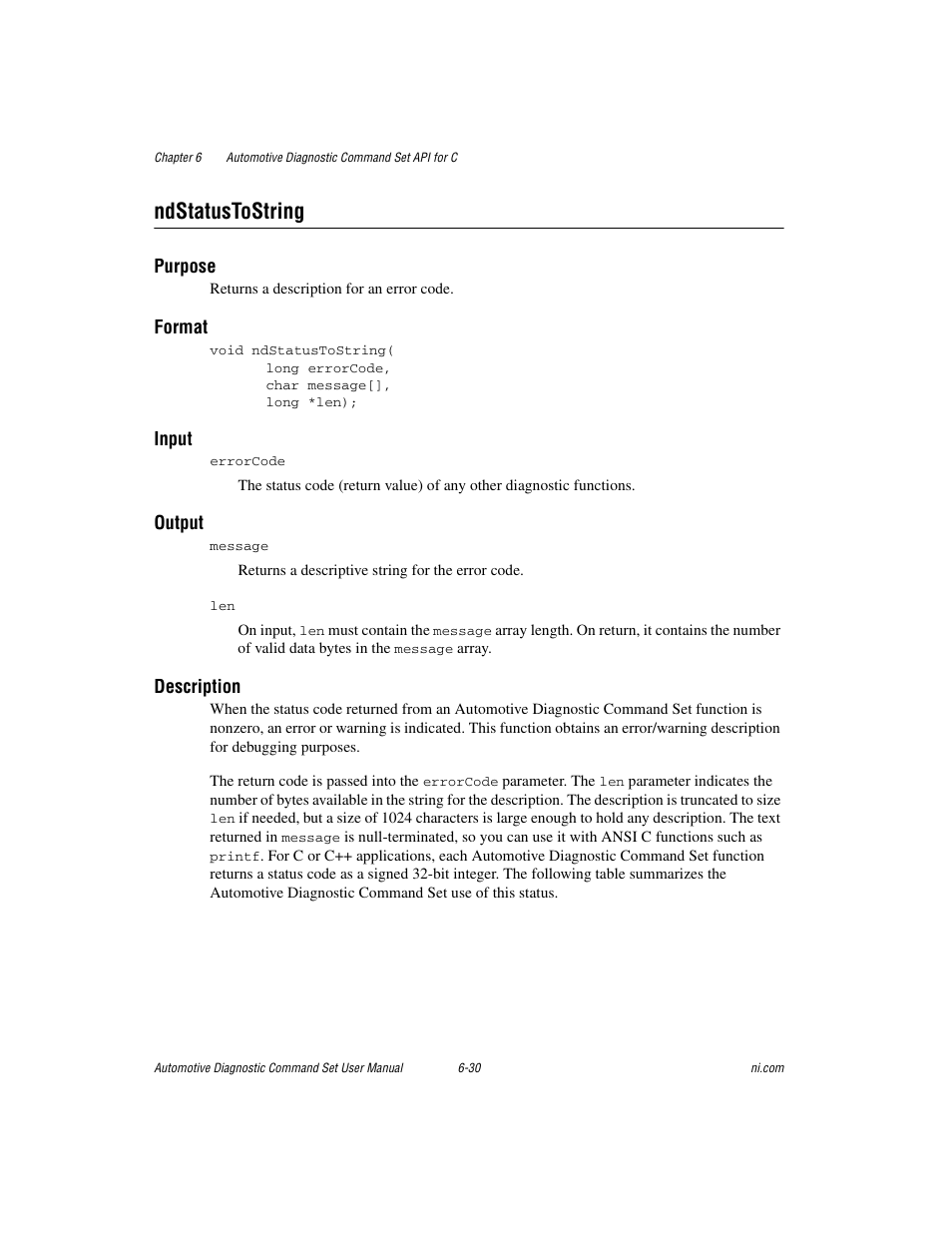 Ndstatustostring, Ndstatustostring -30, Funct | National Instruments CAN 372139B-01 User Manual | Page 194 / 301