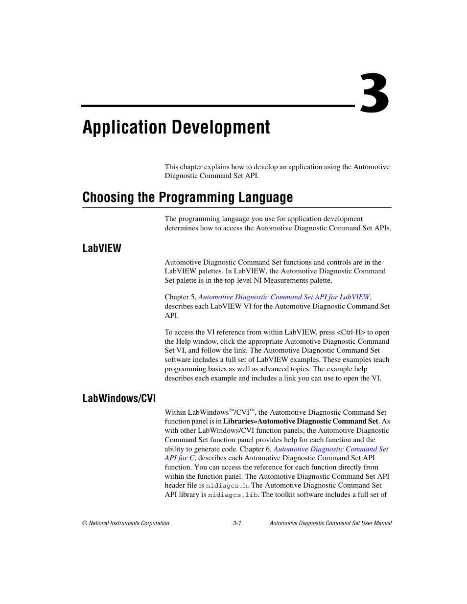 Chapter 3 application development, Choosing the programming language, Labview | Labwindows/cvi, Choosing the programming language -1, Labview -1 labwindows/cvi -1, Application development | National Instruments CAN 372139B-01 User Manual | Page 20 / 301
