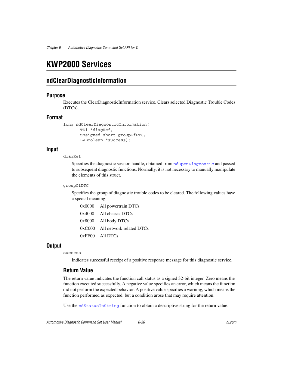 Kwp2000 services, Ndcleardiagnosticinformation, Kwp2000 services -36 | Ndcleardiagnosticinformation -36 | National Instruments CAN 372139B-01 User Manual | Page 200 / 301